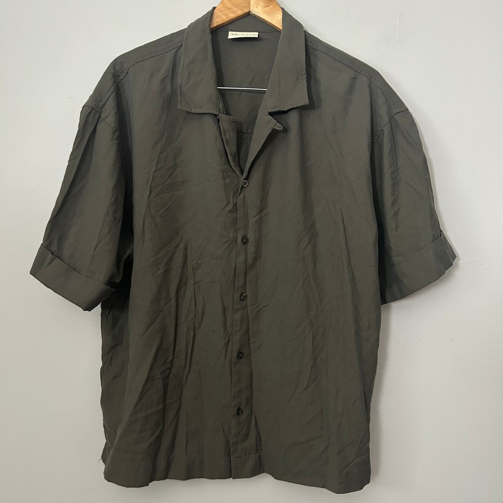 YoungLA Button Down Camp Shirt Mens XL Olive Green Short Sleeve Relaxed Fit